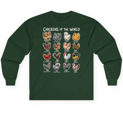Chickens of the World chicken breeds Long Sleeve Tee Forest Green product mockup