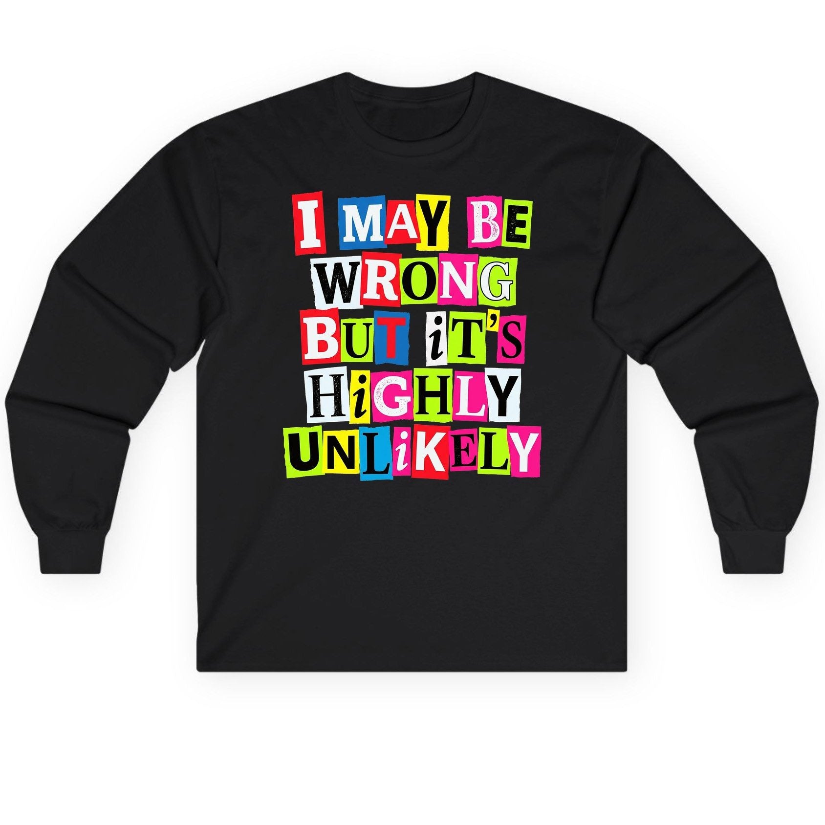 I MAY BE WRONG BUT It's HIGHLY Unlikely Long Sleeve Tee - product mockup - Black