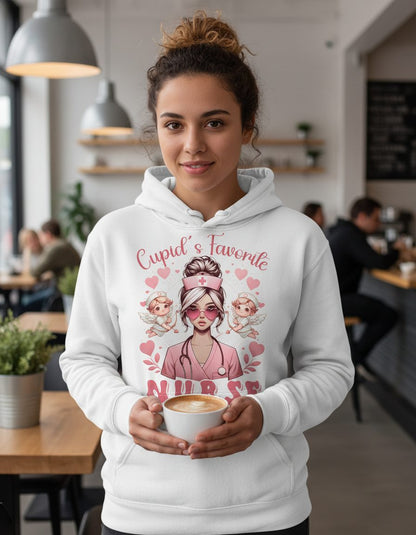 Cupid's Favorite Nurse nurse Hoodie White lifestyle mockup