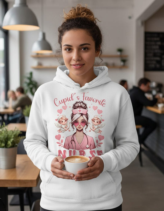 Cupid's Favorite Nurse nurse Hoodie White lifestyle mockup