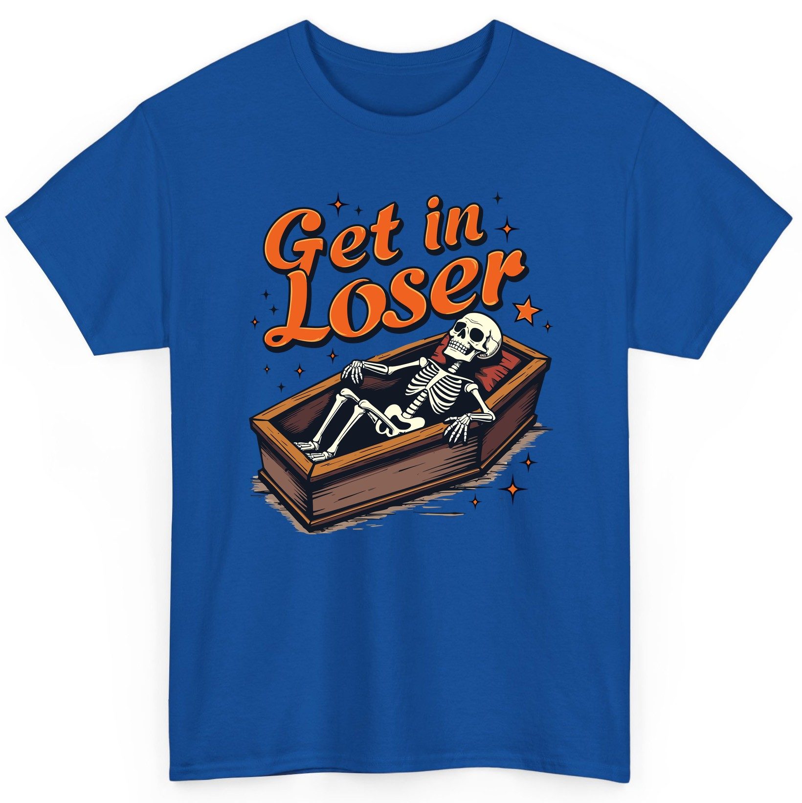 Get in Loser skeleton in coffin T-Shirt Royal product mockup