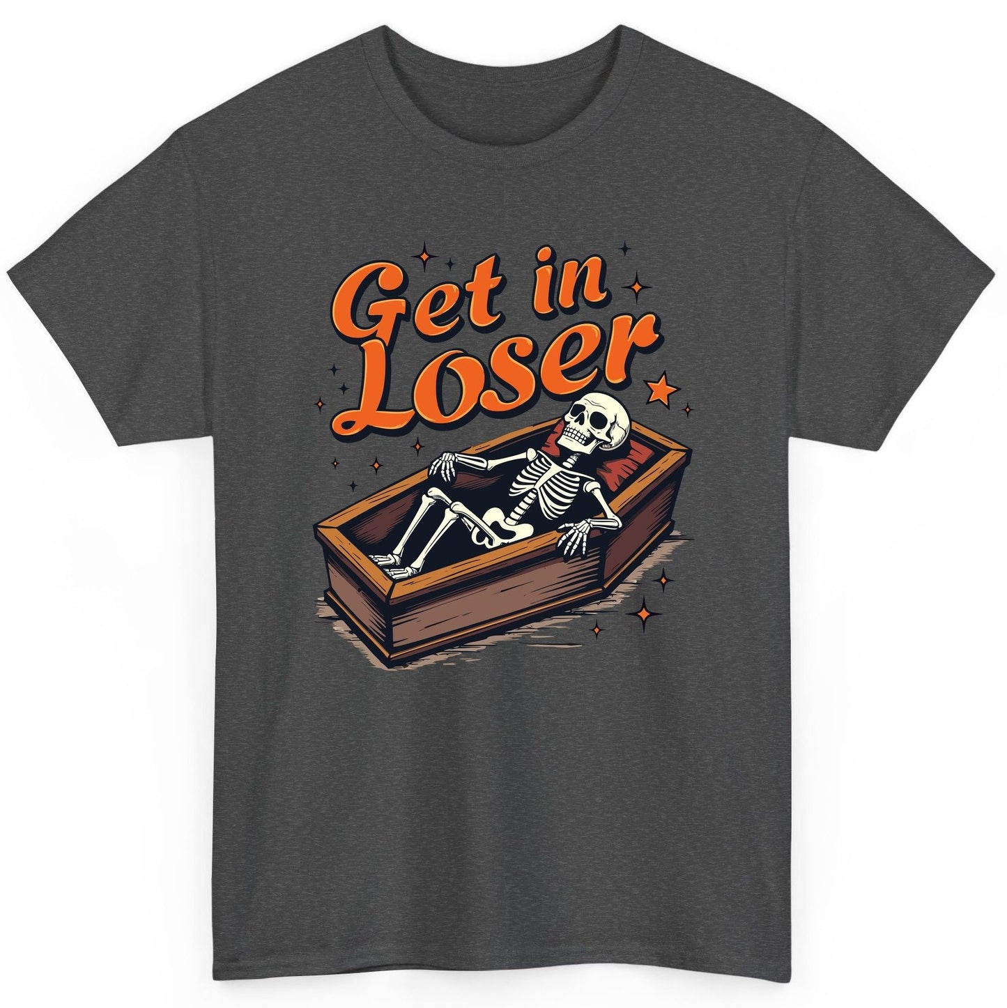 Get in Loser skeleton in coffin T-Shirt Dark Heather product mockup