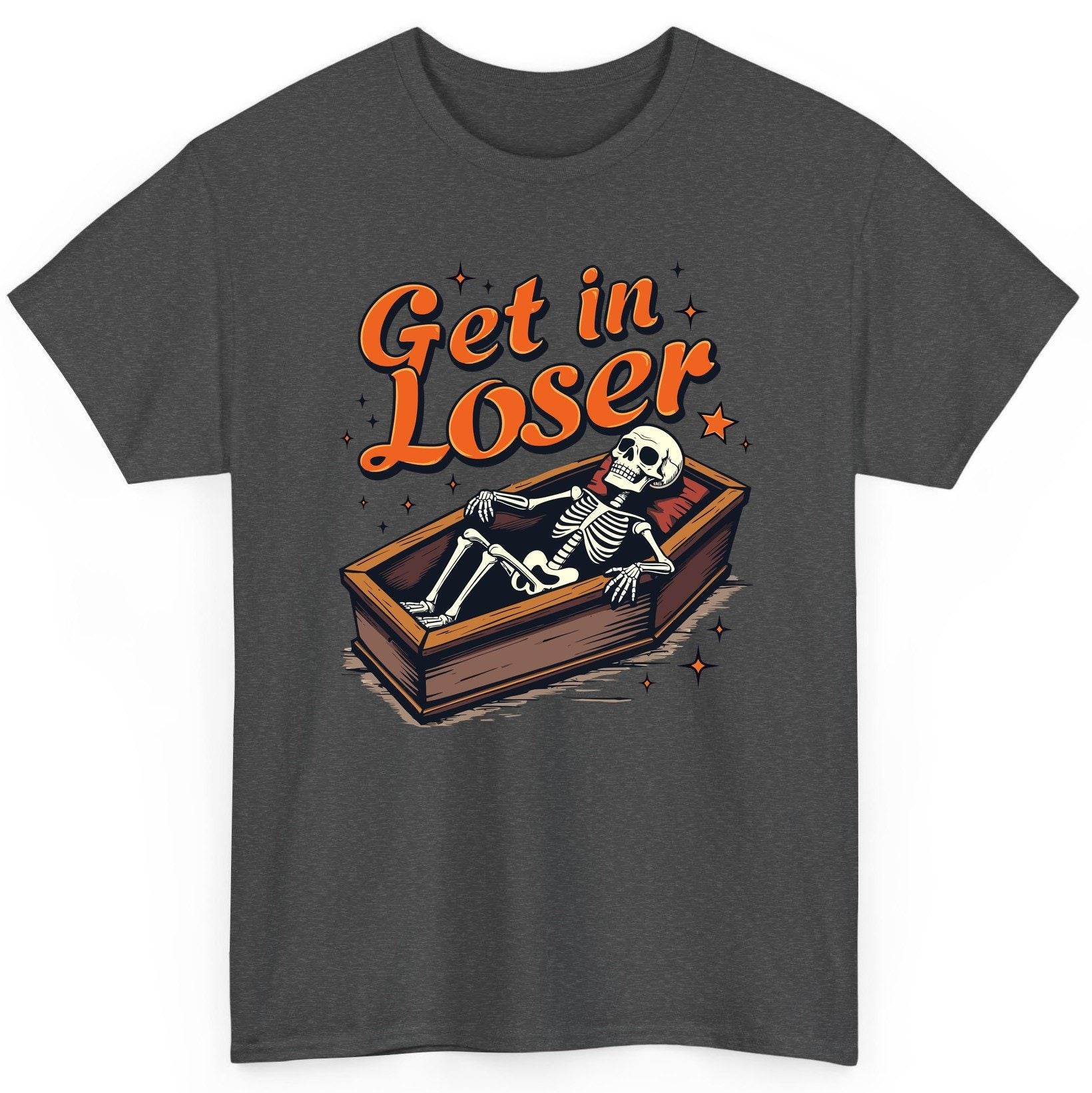 Get in Loser skeleton in coffin T-Shirt Dark Heather product mockup