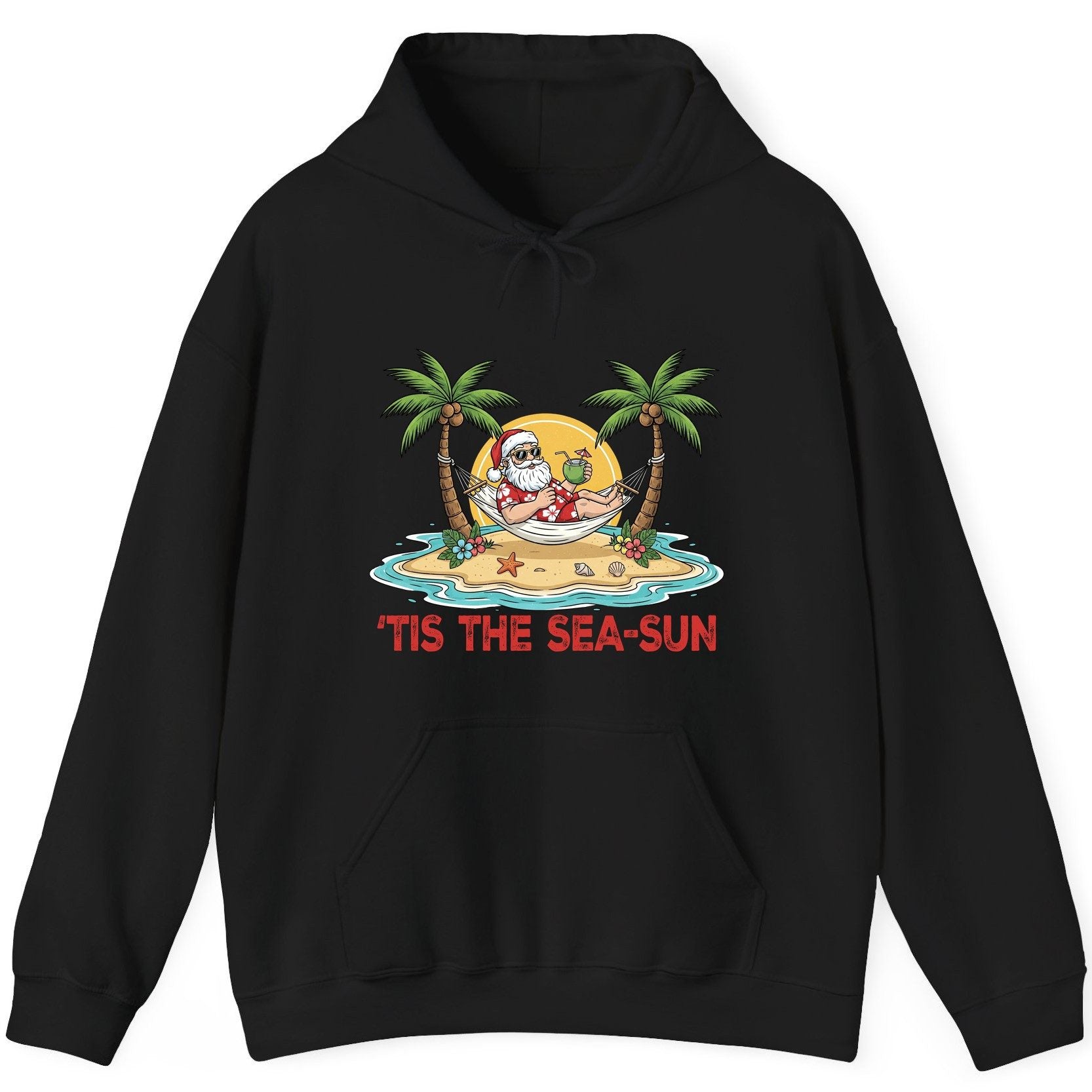 'Tis the Sea-Sun santa claus on a tropical vacation Hoodie Black product mockup