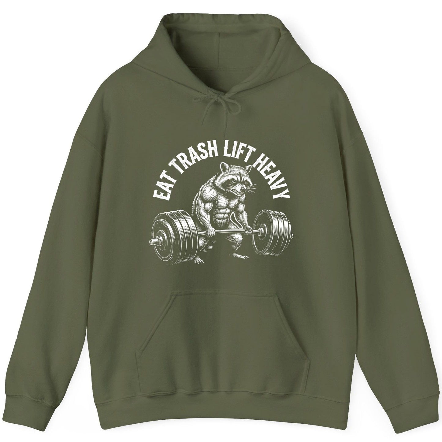 Eat Trash Lift Heavy raccoon Hoodie Military Green product mockup
