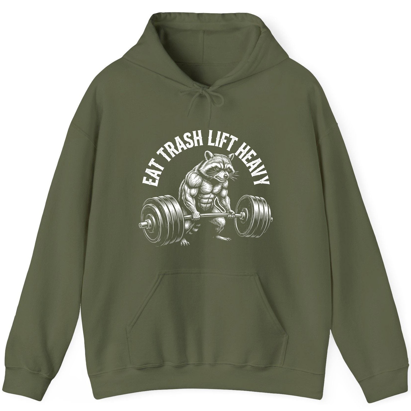 Eat Trash Lift Heavy raccoon Hoodie Military Green product mockup