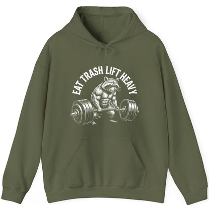 Eat Trash Lift Heavy raccoon Hoodie Military Green product mockup