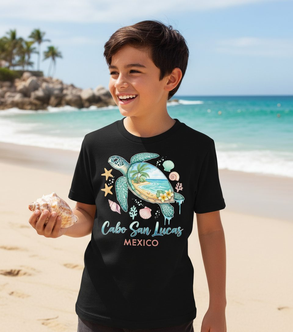 Cabo San Lucas Mexico sea turtle Youth T-Shirt Black lifestyle mockup
