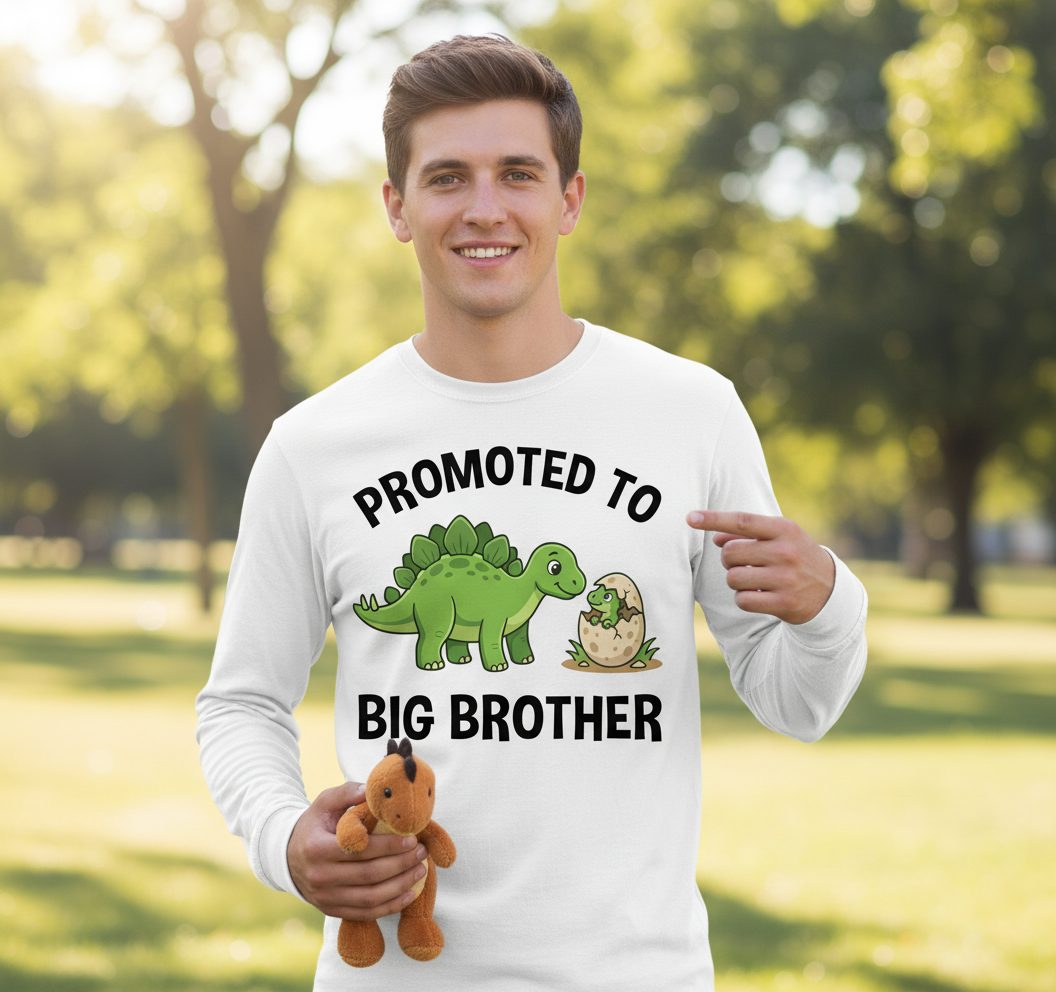 Promoted to Big Brother Dinosaur Long Sleeve Tee - lifestyle model mockup - White