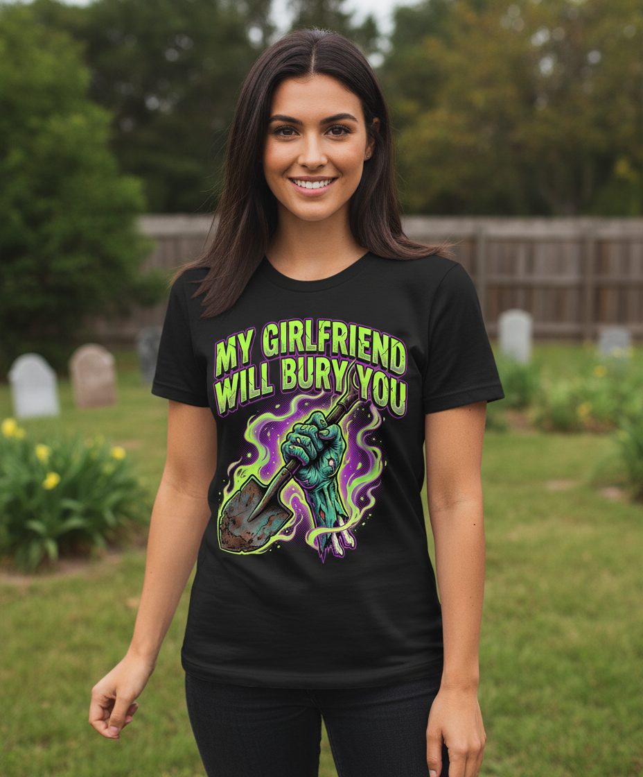 My Girlfriend Will Bury You zombie T-Shirt Black lifestyle mockup