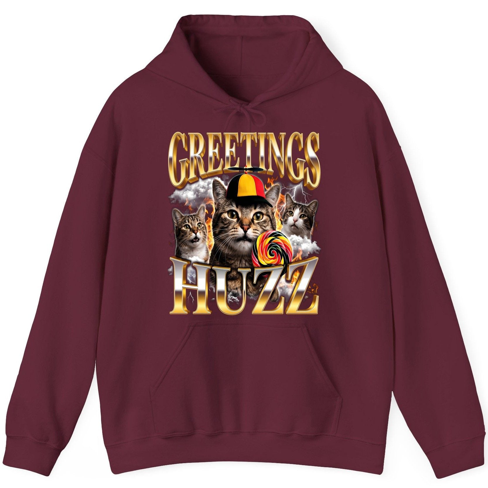 Greetings HUZZ Funny Cats Hoodie - product mockup - Maroon