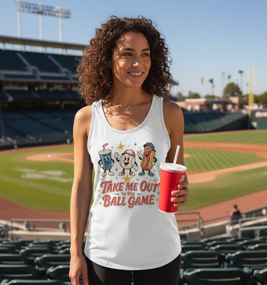Take Me Out to the Ball Game Retro Baseball Tank Top - lifestyle model mockup - White