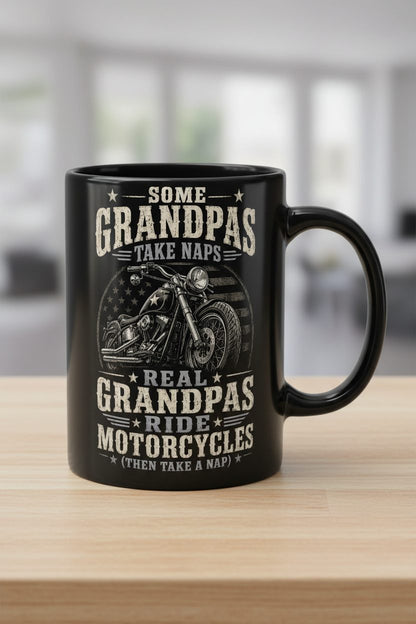 Some Grandpas Take Naps Real Grandpas Ride Motorcycles (then Take a Nap) Funny Detailed Illustration of Classic Motorcycle with Distressed Texture in the Background Is Subtle Weathered American Flag Pattern Stars and Stripes Black Mug - product mockup - Black