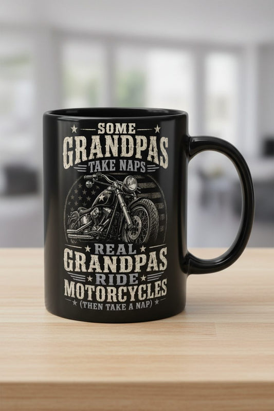 Some Grandpas Take Naps Real Grandpas Ride Motorcycles (then Take a Nap) Funny Detailed Illustration of Classic Motorcycle with Distressed Texture in the Background Is Subtle Weathered American Flag Pattern Stars and Stripes Black Mug - product mockup - Black