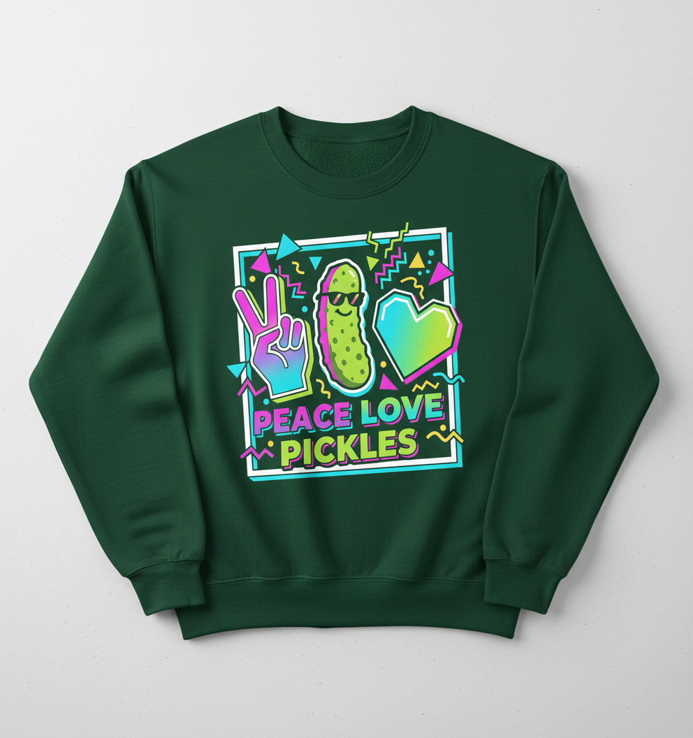 Peace Love Pickles Retro 80s 90s Style Design Sweatshirt - Forest Green