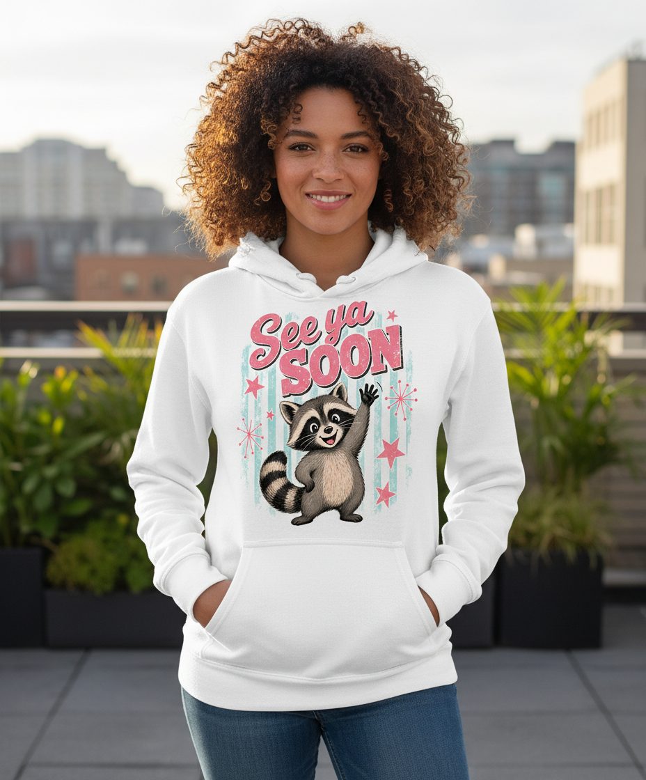 See Ya SOON Retro Raccoon Hoodie - lifestyle model mockup - White