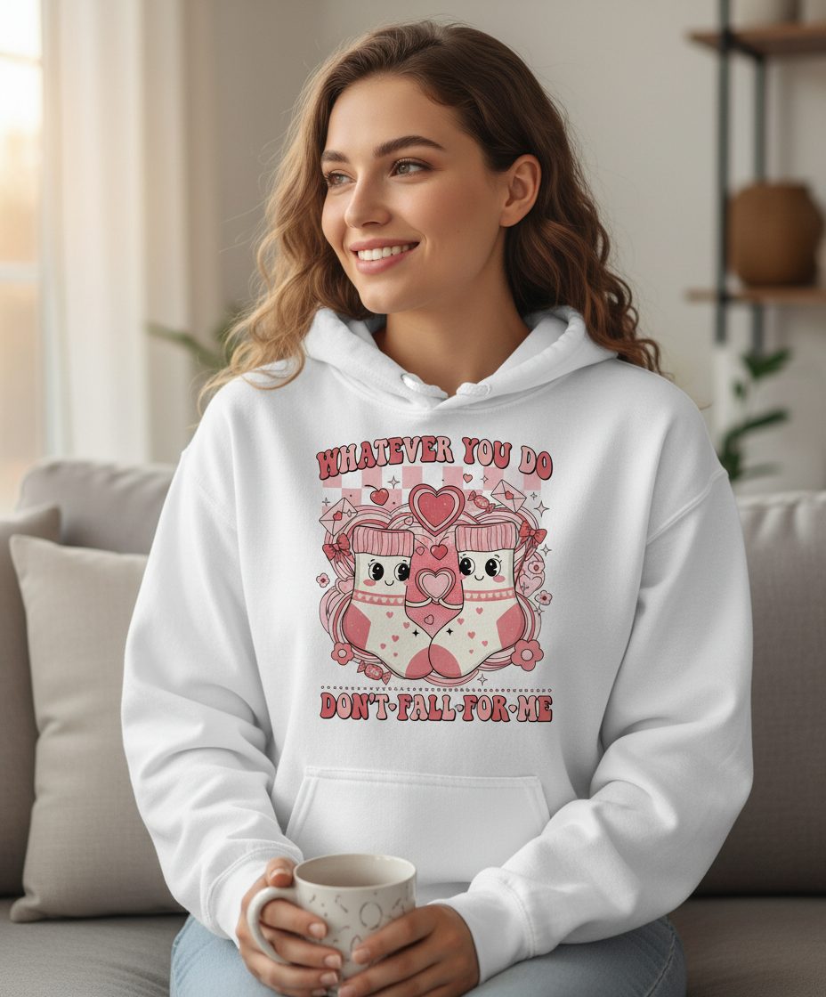 Whatever You Do Don't Fall for Me anti-Valentine's Day Hoodie White lifestyle mockup