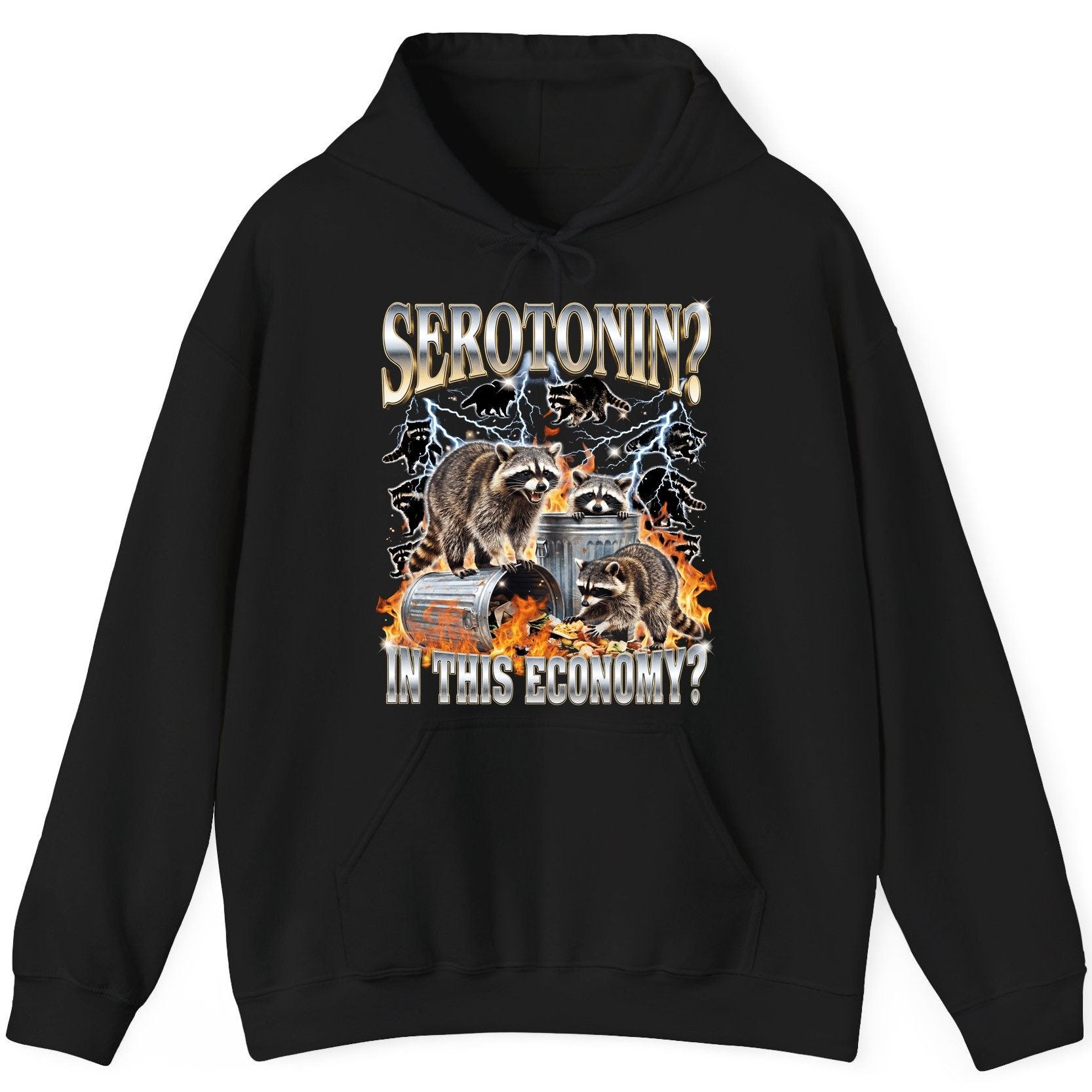 Serotonin in This Economy? raccoons Hoodie Black product mockup