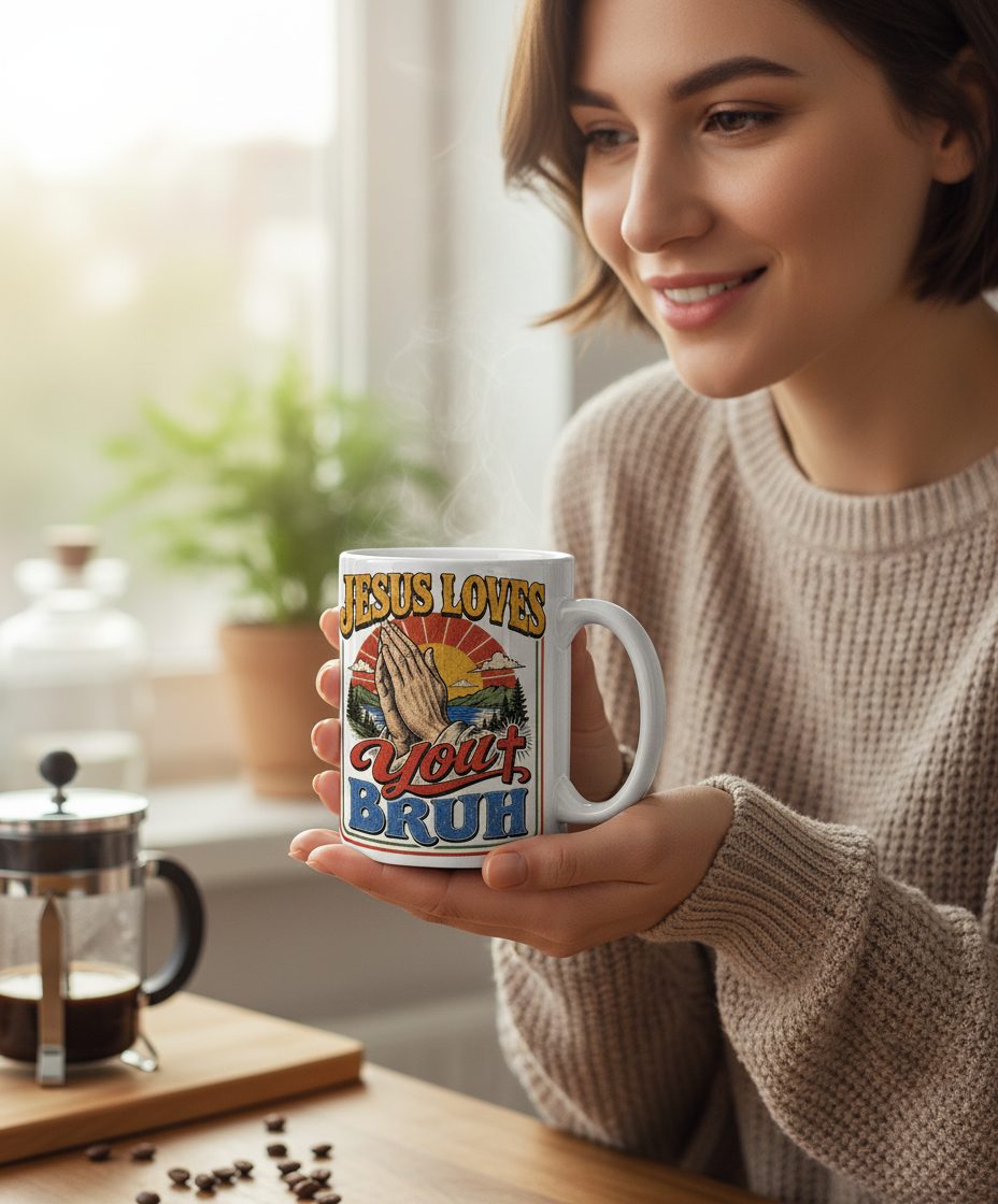 JESUS LOVES You BRUH Funny Christian Humor White Mug - lifestyle model mockup - White