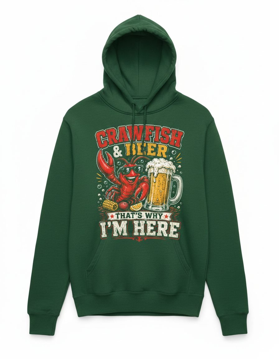 Crawfish & Beer That's Why I'm Here Funny Boil Hoodie - product mockup - Forest Green