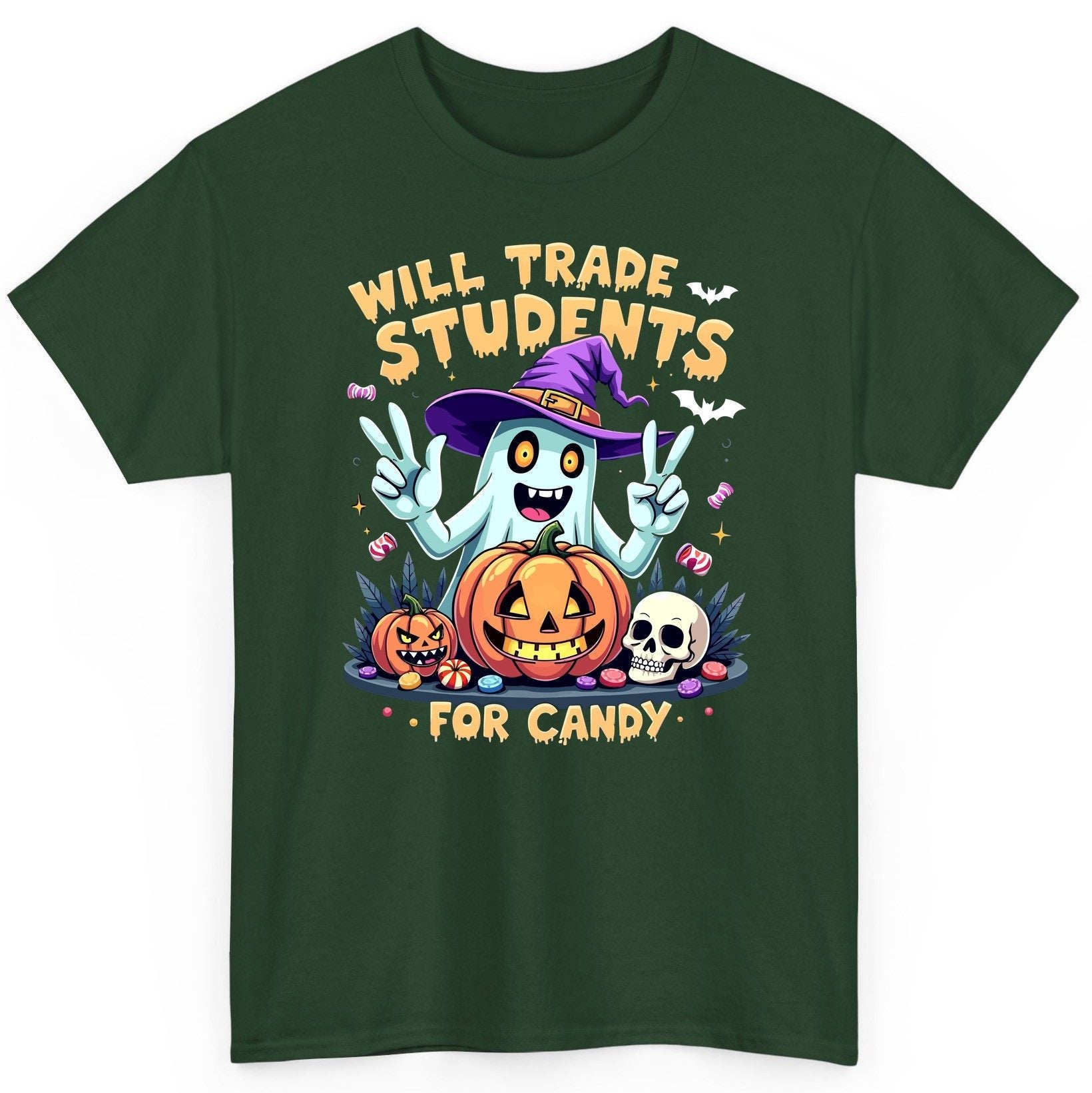 Will Trade Students for Candy teacher humor T-Shirt Forest Green product mockup