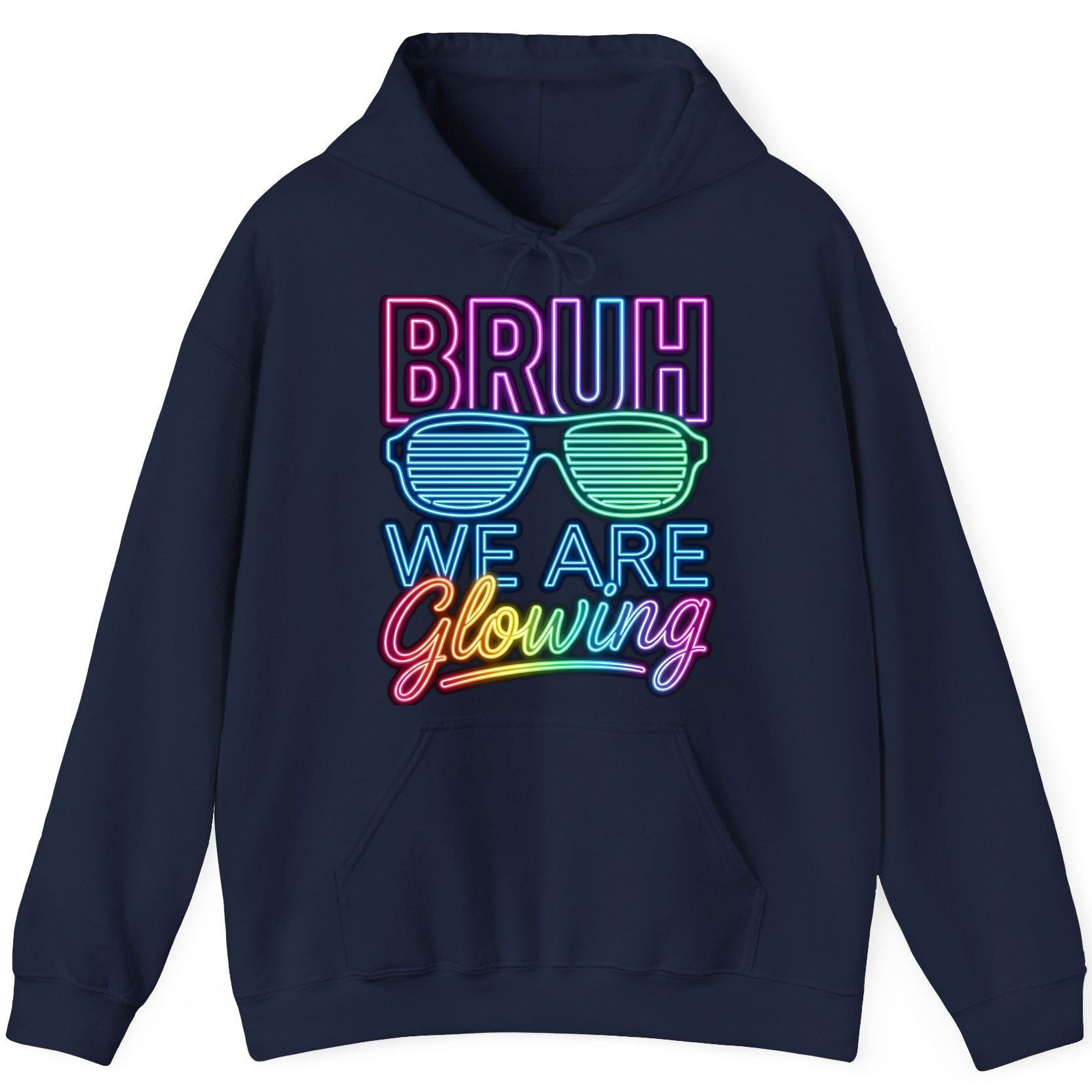 BRUH WE ARE Glowing Neon Party Hoodie Navy product mockup