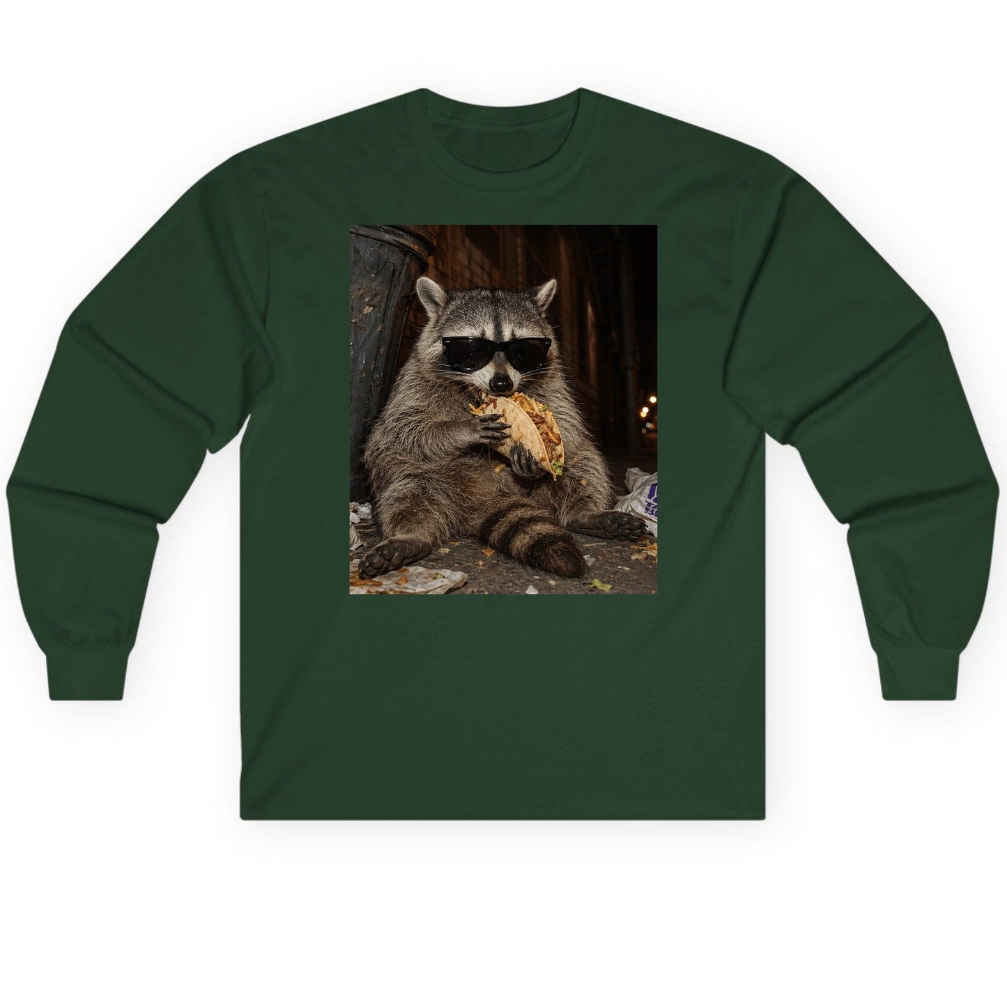 Raccoon Eating Taco Funny Animal Lovers Long Sleeve Tee - product mockup - Forest Green