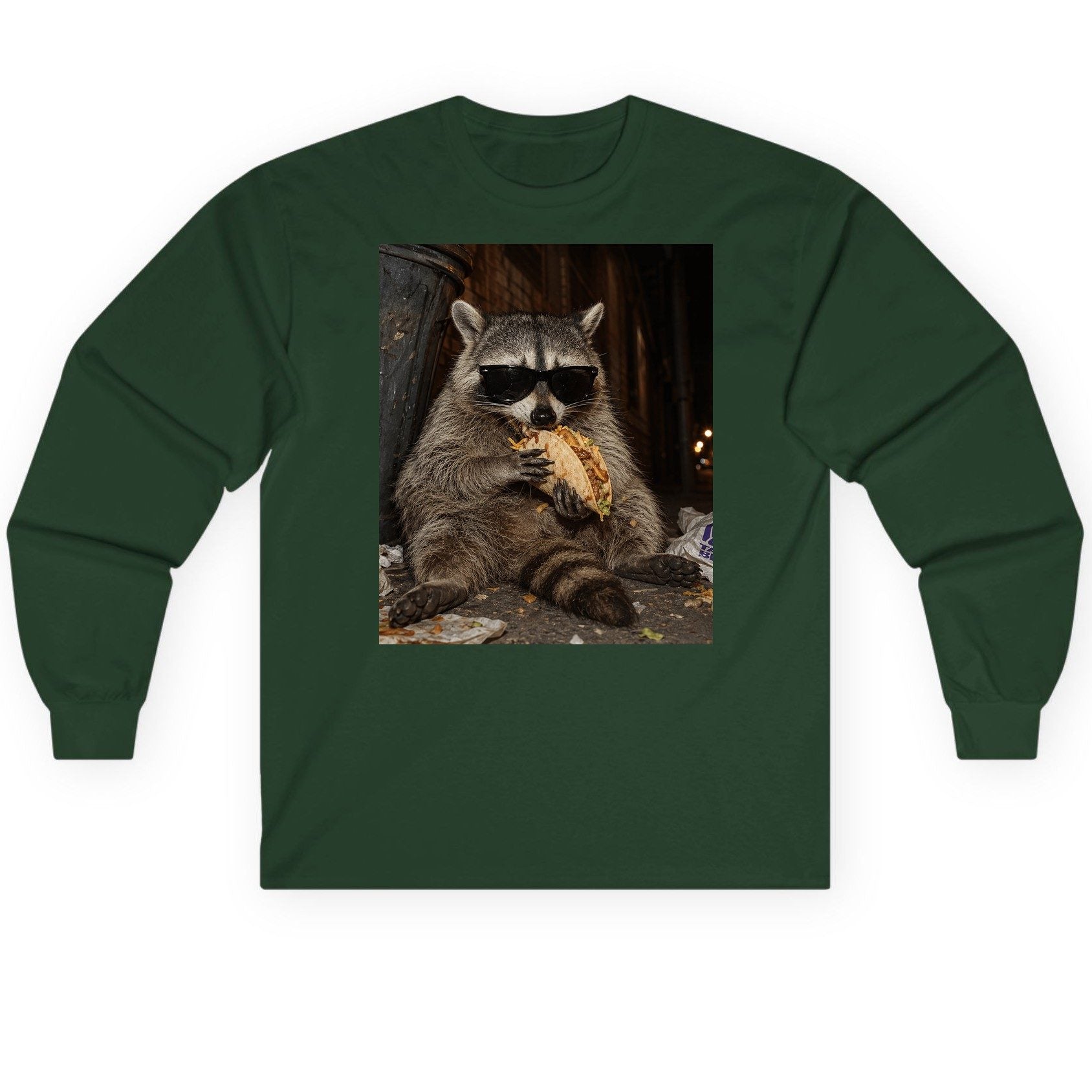 Raccoon Eating Taco Funny Animal Lovers Long Sleeve Tee - product mockup - Forest Green