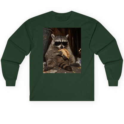 Raccoon Eating Taco Funny Animal Lovers Long Sleeve Tee - product mockup - Forest Green