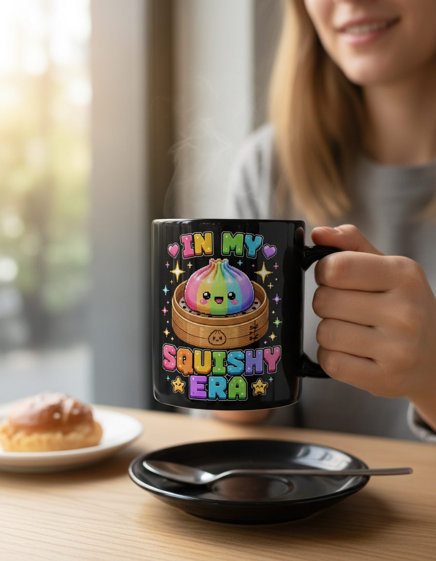 In My Squishy Era Retro Kawaii Dumpling Black Mug - lifestyle model mockup - Black