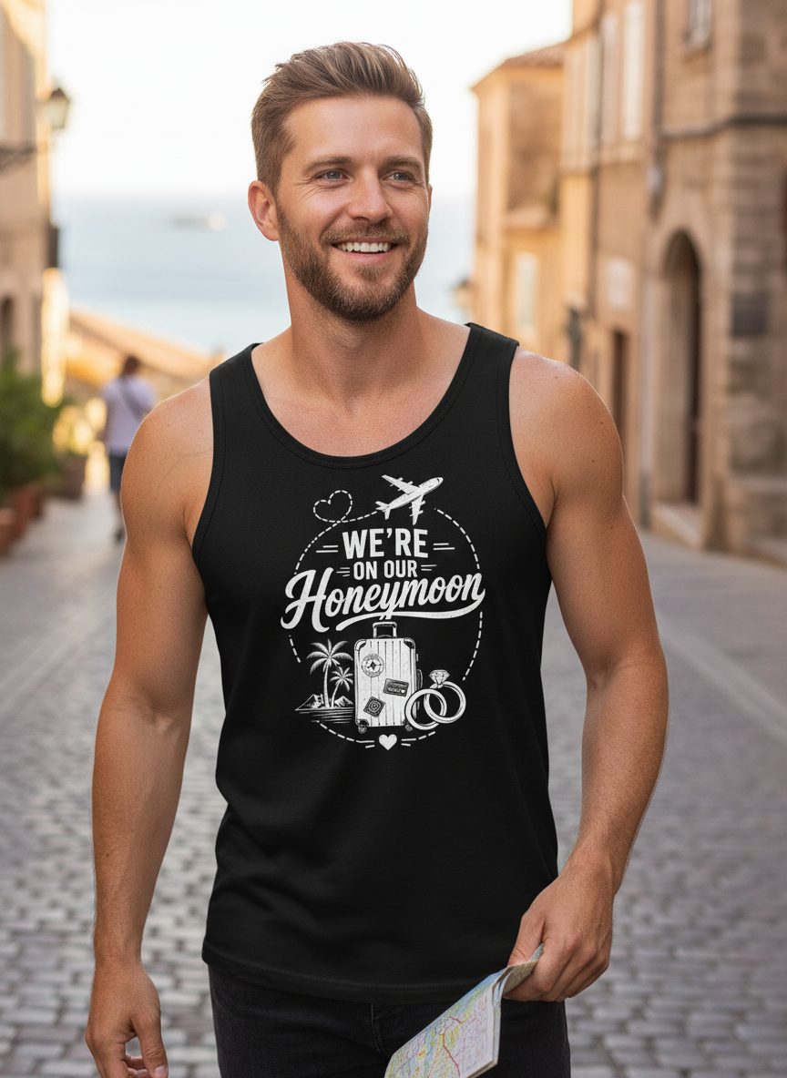We're on Our Honeymoon Vintage Newlyweds Tank Top - lifestyle model mockup - Black