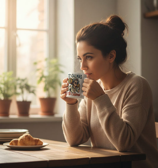 Te Calmas O Te Calmo Funny Latina Grandma White Mug - lifestyle model mockup - White