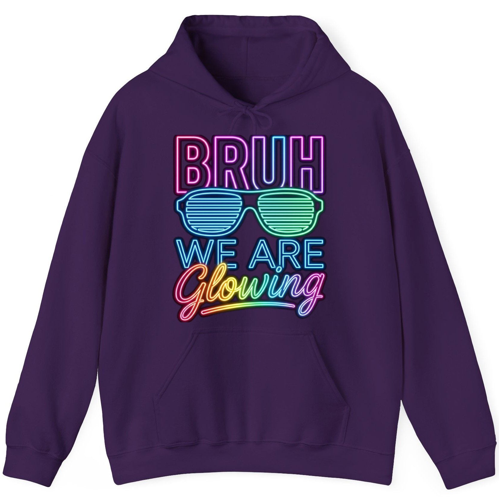 BRUH WE ARE Glowing Neon Party Hoodie Purple product mockup