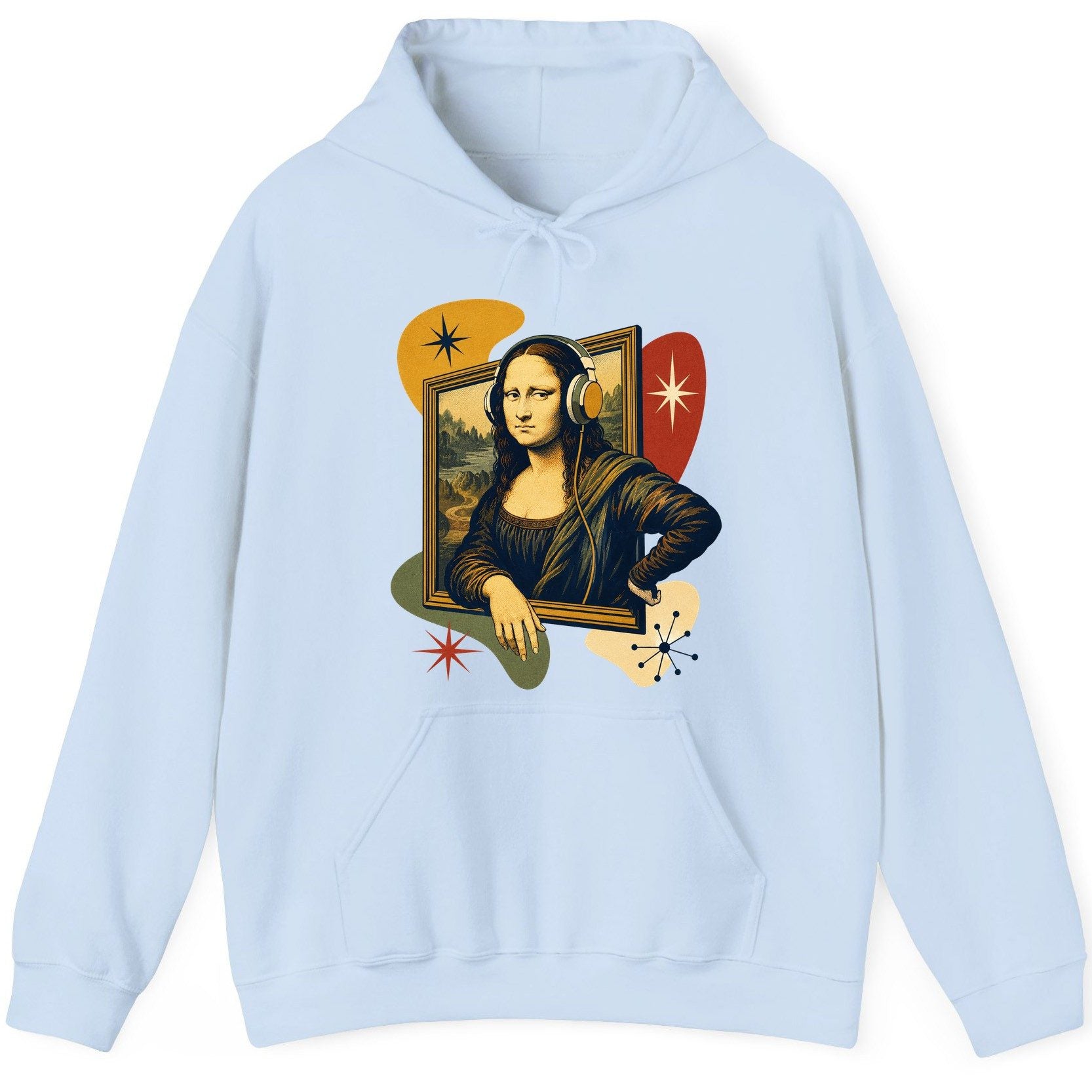 Retro Mona Lisa with Headphones Funny Art Lovers Hoodie - product mockup - Light Blue