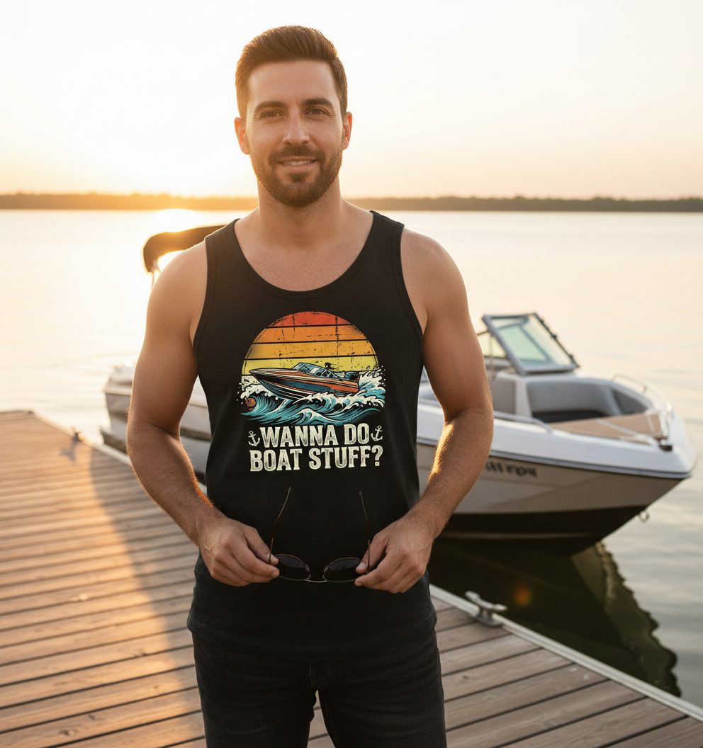 WANNA DO BOAT STUFF Funny Boating Tank Top - lifestyle model mockup - Black