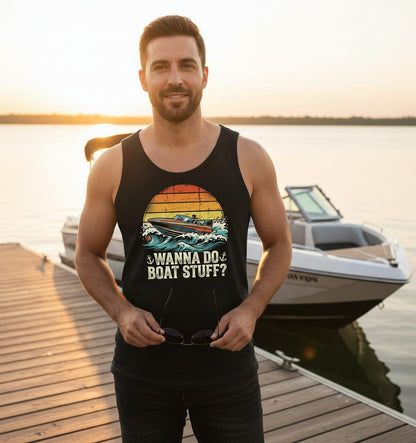 WANNA DO BOAT STUFF Funny Boating Tank Top - lifestyle model mockup - Black