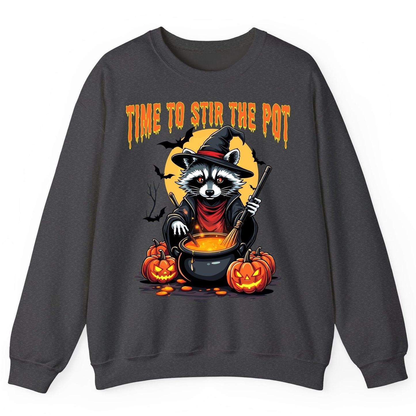 Time to Stir the Pot Halloween raccoon Sweatshirt Dark Heather product mockup