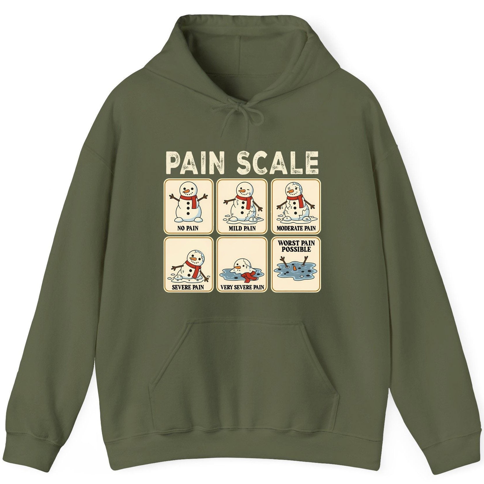 Pain Scale No Pain Mild Pain Moderate Pain Severe Pain Very Severe Pain Worst Pain Possible snowman Hoodie Military Green
