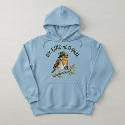 Watercolor Robin Birdwatcher with Hat and Binoculars Hoodie - product mockup - Light Blue