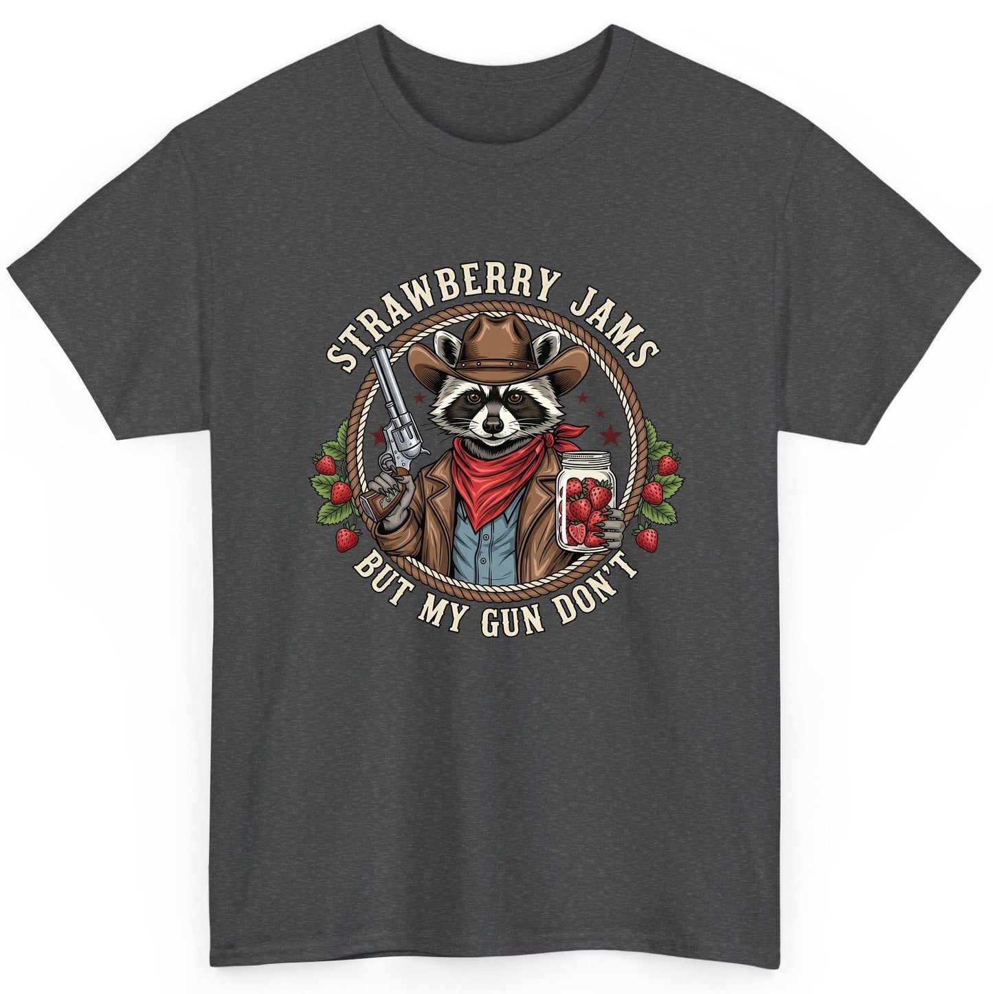 Strawberry Jams but My Gun Don't cowboy raccoon T-Shirt Dark Heather product mockup