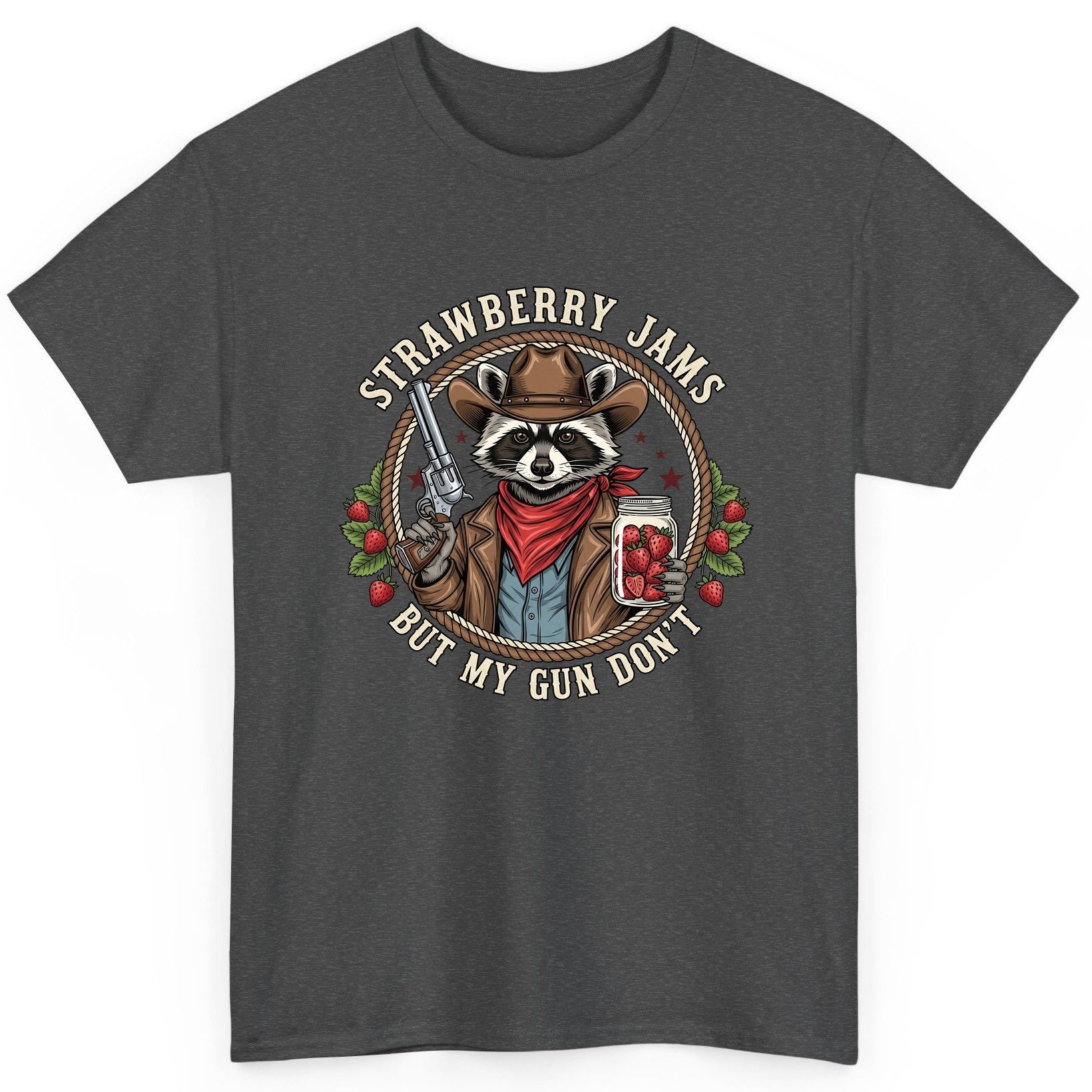 Strawberry Jams but My Gun Don't cowboy raccoon T-Shirt Dark Heather product mockup