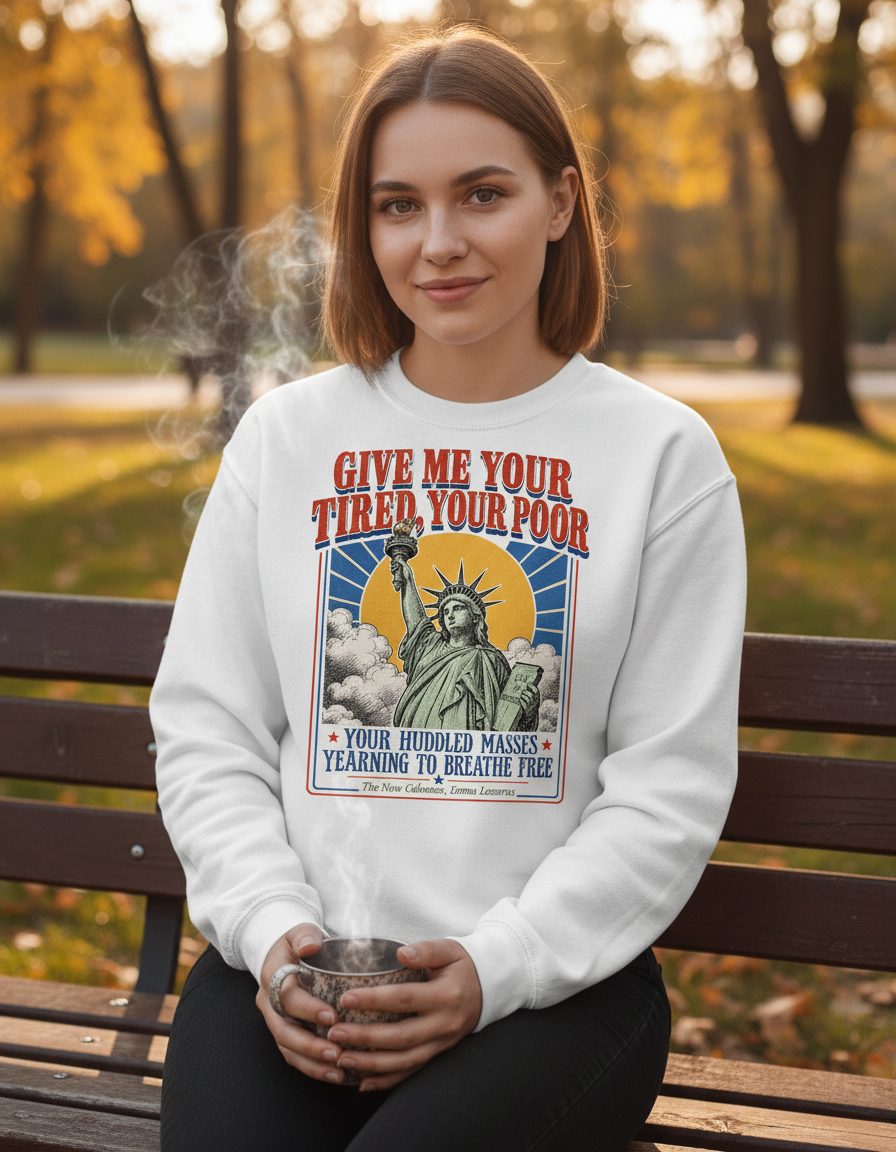 Give Me Your Tired Poor Patriotic Retro Statue Liberty Sweatshirt - lifestyle model mockup - White