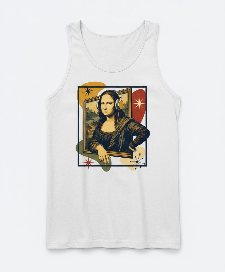 Mona Lisa Listening Retro Art Funny Parody Tank Top - product mockup - White