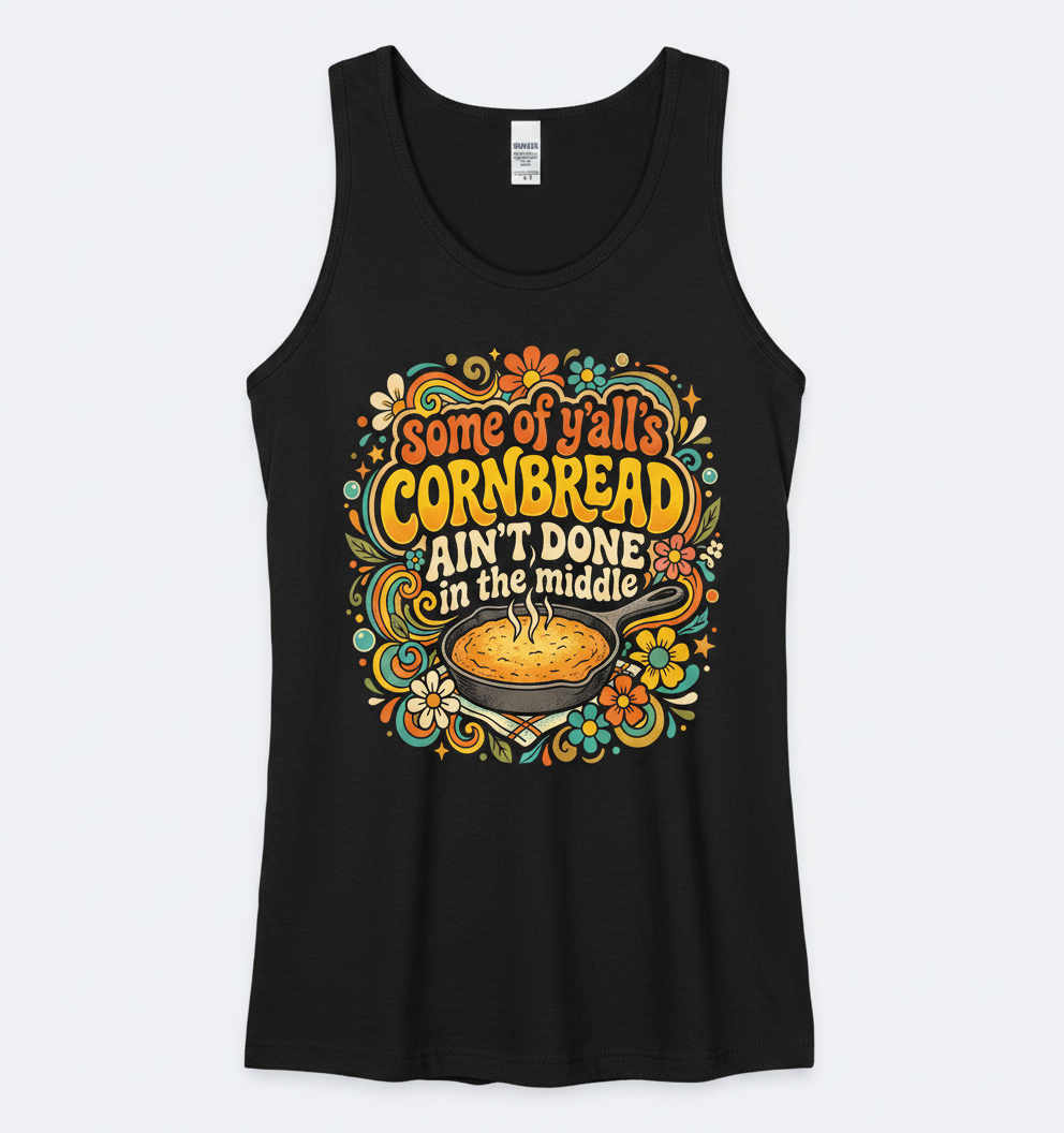 Funny Southern Saying 'Cornbread Ain't Done' Retro 70s Design Tank Top - Black