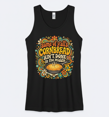 Funny Southern Saying 'Cornbread Ain't Done' Retro 70s Design Tank Top - Black