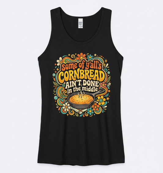 Funny Southern Saying 'Cornbread Ain't Done' Retro 70s Design Tank Top - Black