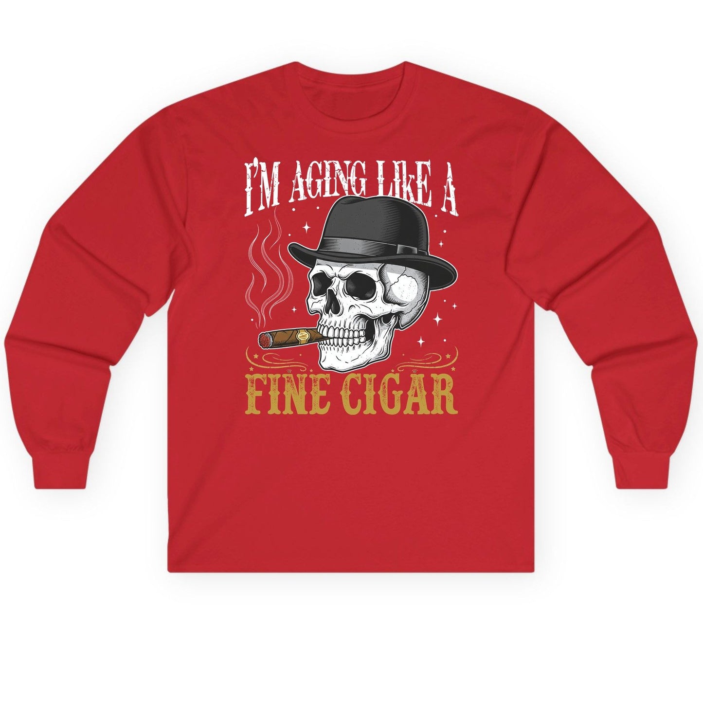 I'm Aging Like a Fine Cigar smoking skull Long Sleeve Tee Red product mockup