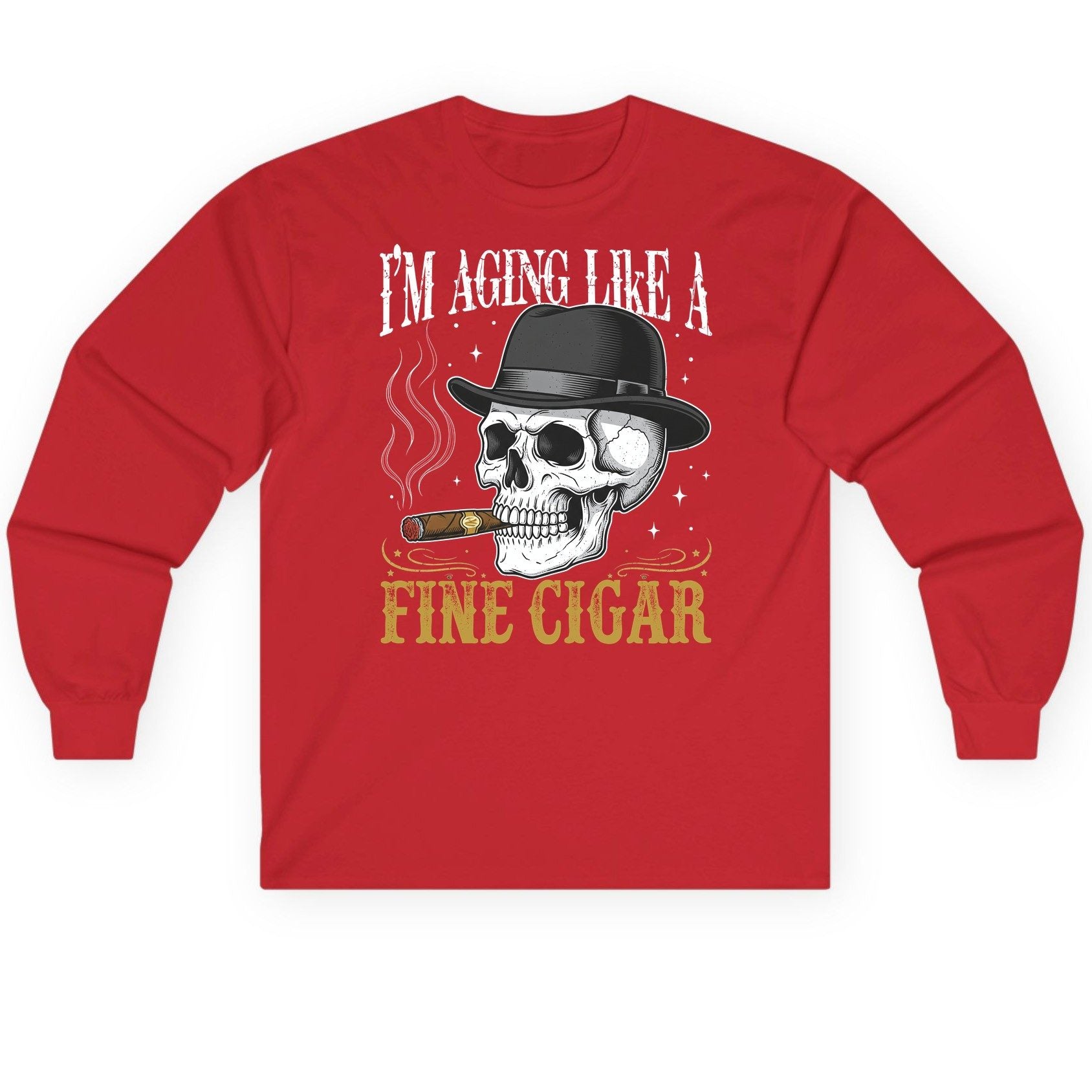 I'm Aging Like a Fine Cigar smoking skull Long Sleeve Tee Red product mockup