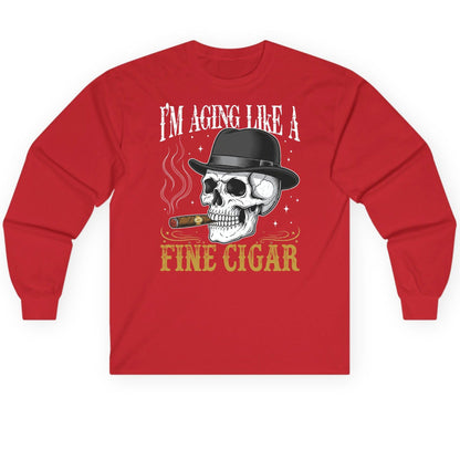 I'm Aging Like a Fine Cigar smoking skull Long Sleeve Tee Red product mockup