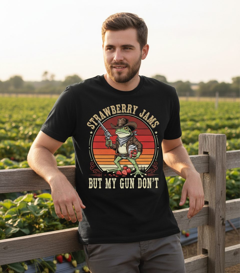 Strawberry Jams but My Gun Don't cowboy frog T-Shirt Black lifestyle mockup